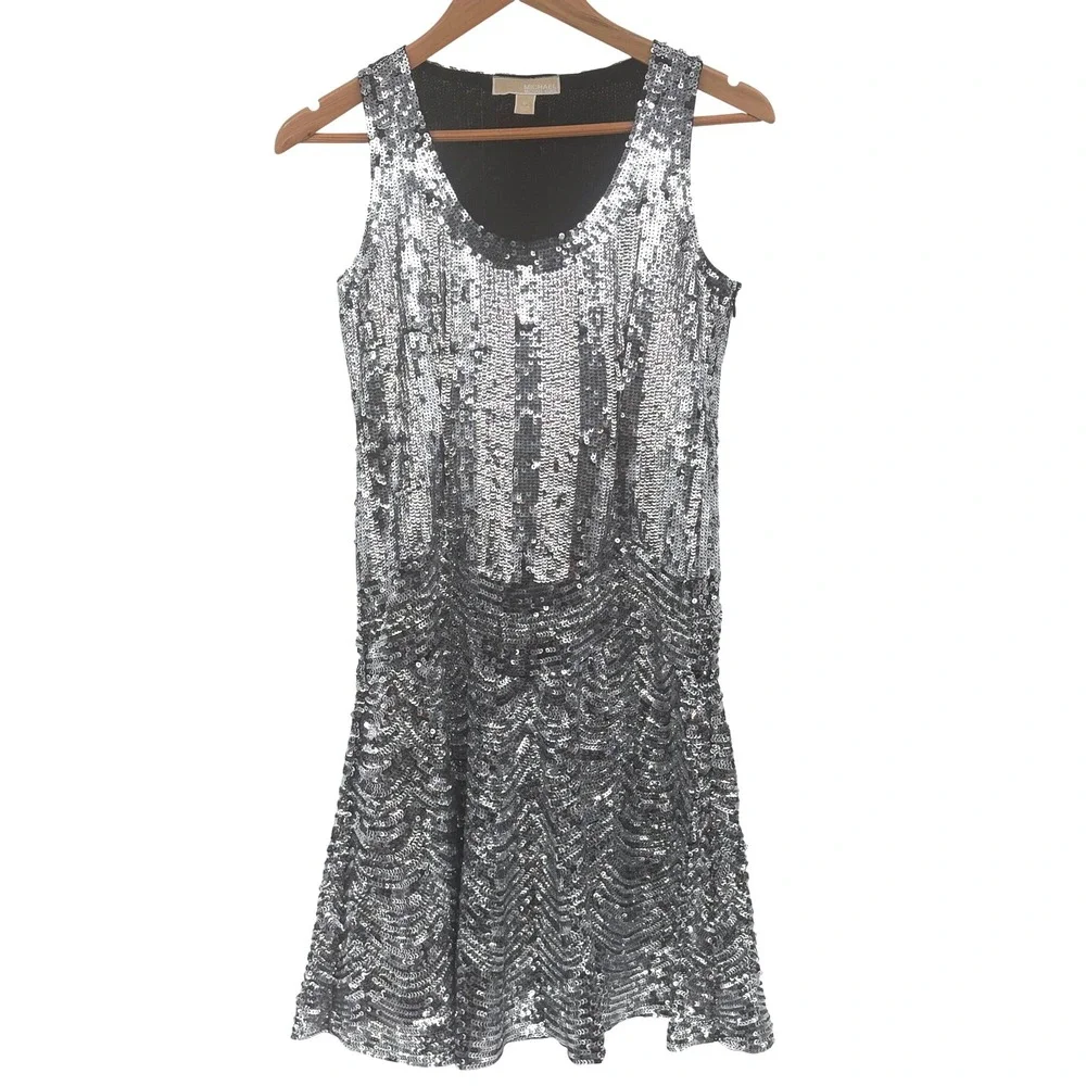 Michael Kors Dress Sequin Women Size 0 Silver Metallic Sleeveless‎ Evening Short